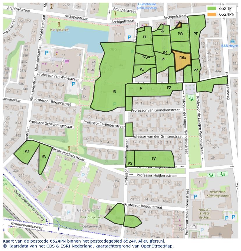 Afbeelding van het postcodegebied 6524 PN op de kaart.