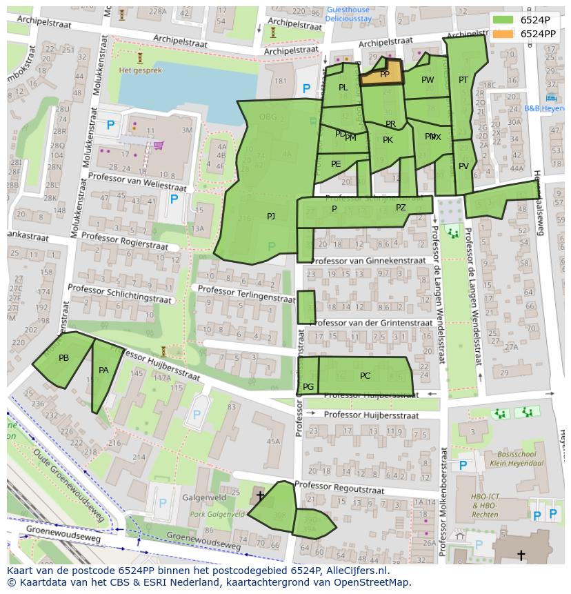 Afbeelding van het postcodegebied 6524 PP op de kaart.