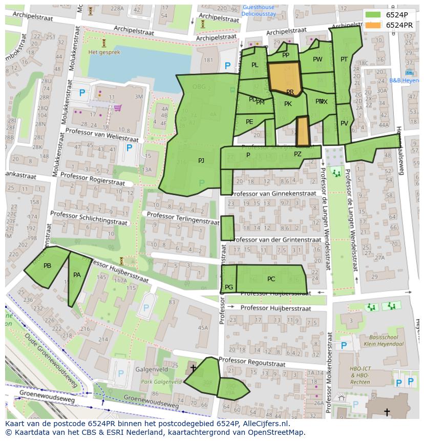 Afbeelding van het postcodegebied 6524 PR op de kaart.
