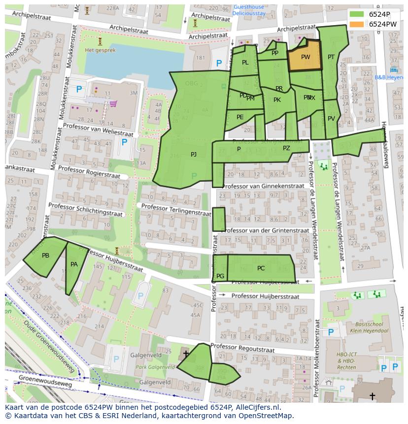 Afbeelding van het postcodegebied 6524 PW op de kaart.