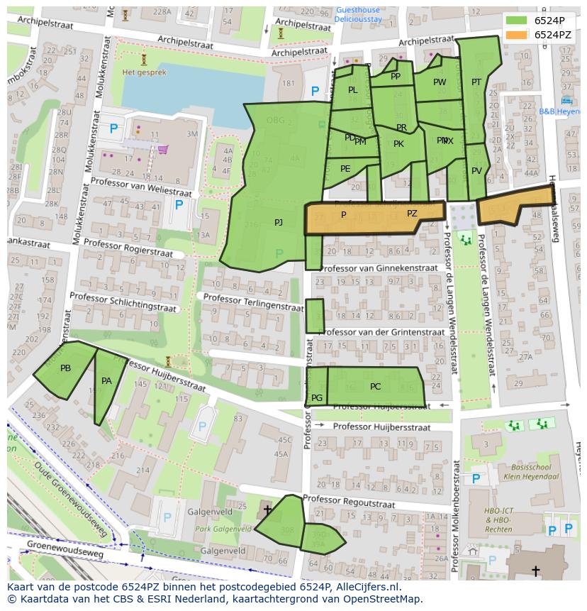 Afbeelding van het postcodegebied 6524 PZ op de kaart.