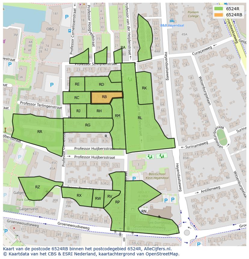 Afbeelding van het postcodegebied 6524 RB op de kaart.