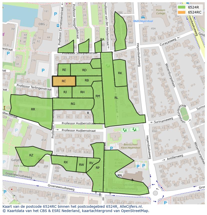 Afbeelding van het postcodegebied 6524 RC op de kaart.