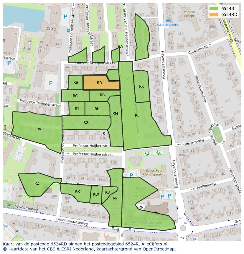 Afbeelding van het postcodegebied 6524 RD op de kaart.