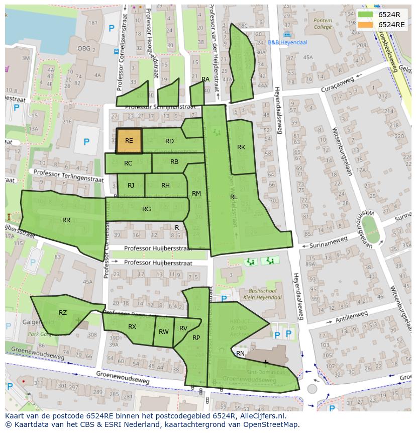 Afbeelding van het postcodegebied 6524 RE op de kaart.