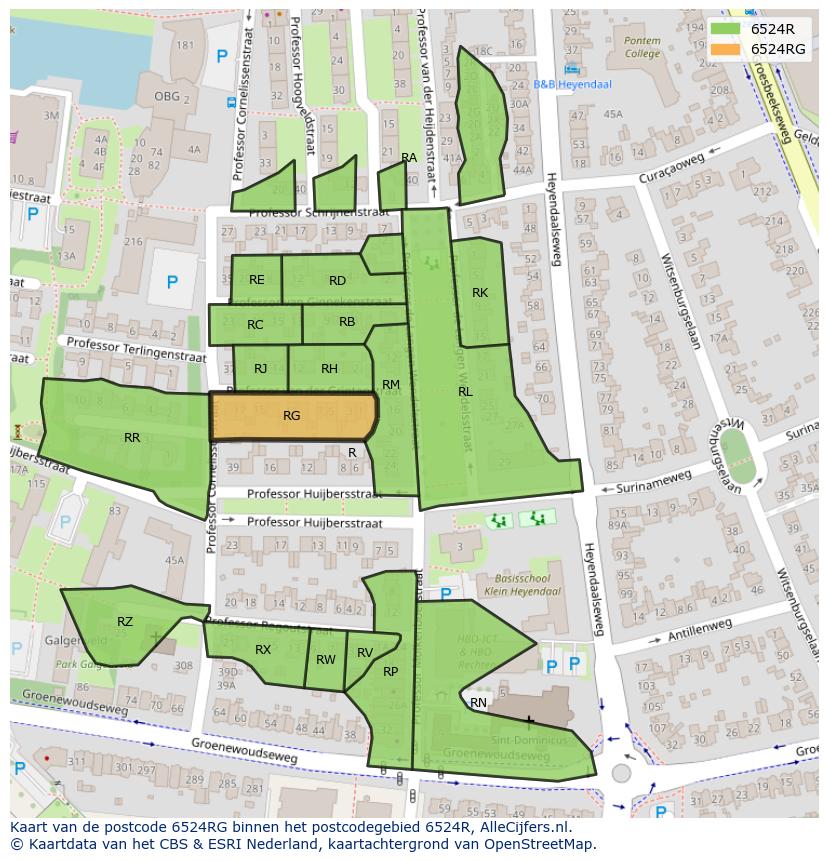 Afbeelding van het postcodegebied 6524 RG op de kaart.