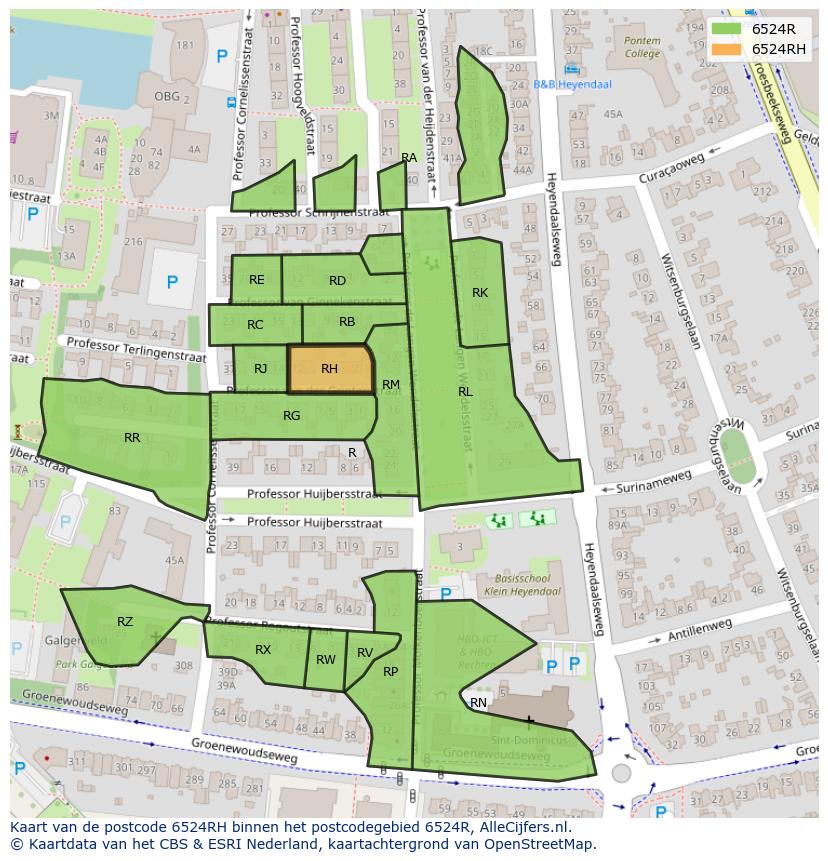 Afbeelding van het postcodegebied 6524 RH op de kaart.
