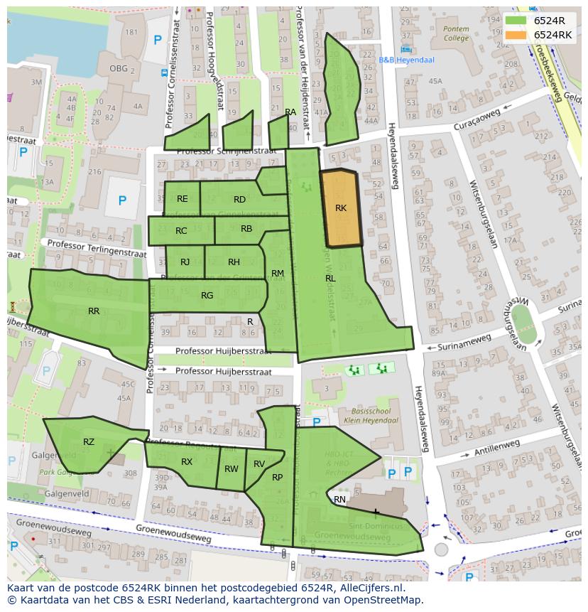 Afbeelding van het postcodegebied 6524 RK op de kaart.