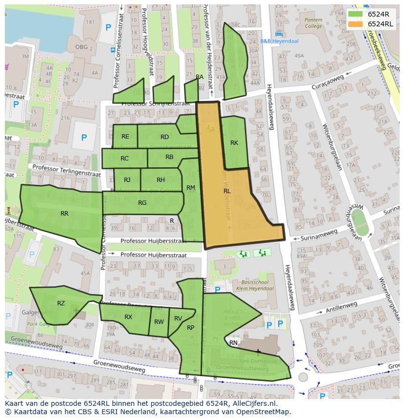 Afbeelding van het postcodegebied 6524 RL op de kaart.