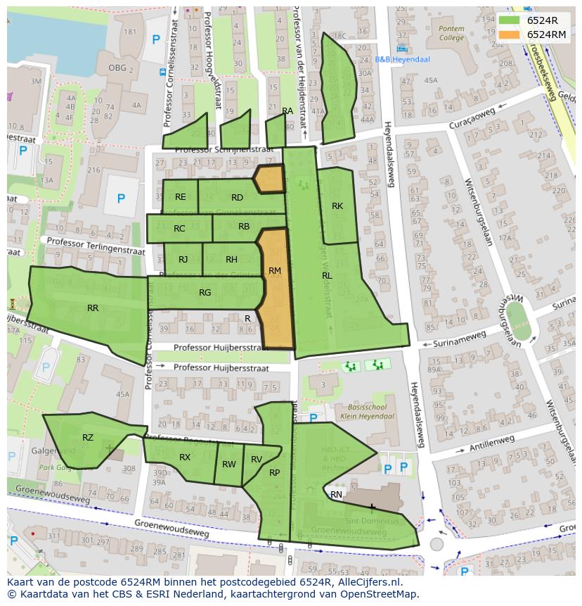 Afbeelding van het postcodegebied 6524 RM op de kaart.