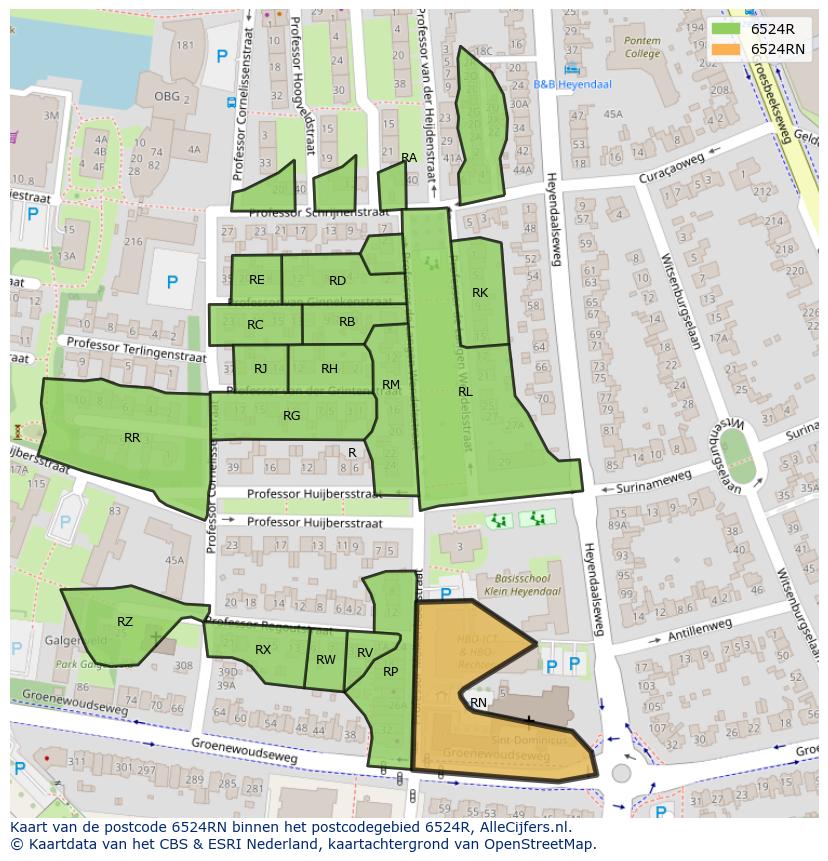 Afbeelding van het postcodegebied 6524 RN op de kaart.