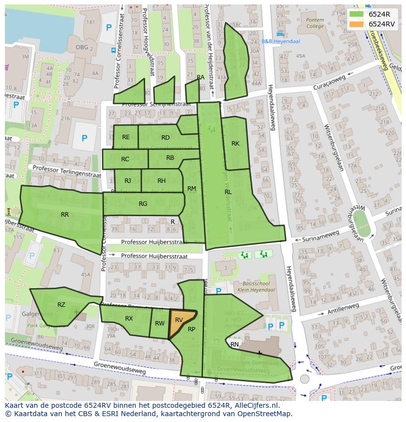 Afbeelding van het postcodegebied 6524 RV op de kaart.