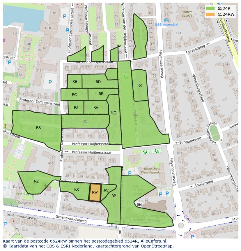 Afbeelding van het postcodegebied 6524 RW op de kaart.