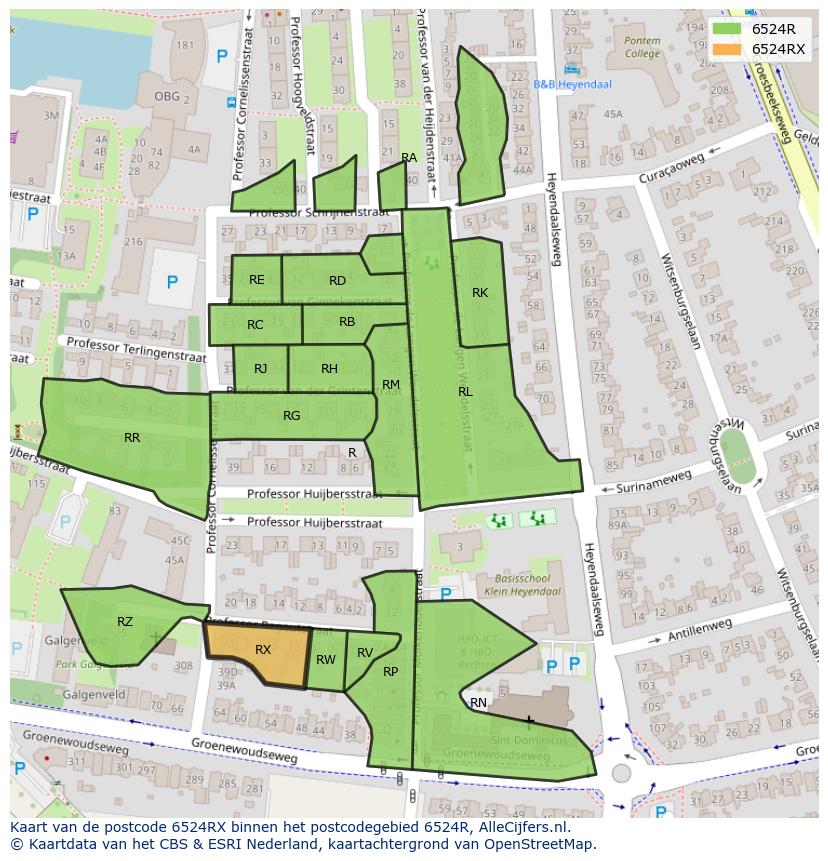 Afbeelding van het postcodegebied 6524 RX op de kaart.