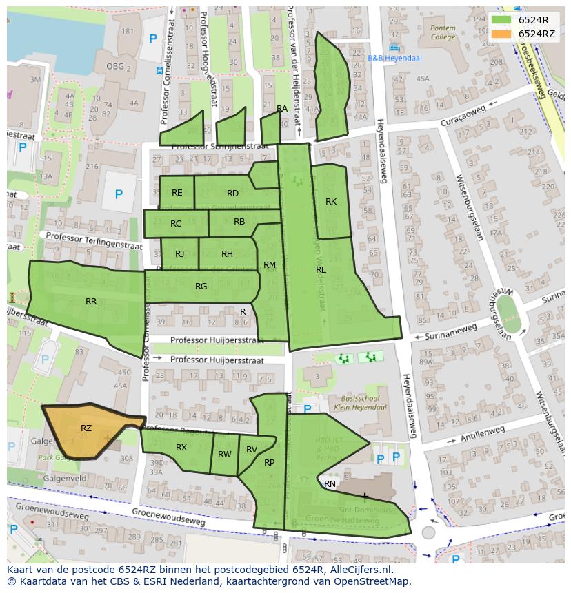 Afbeelding van het postcodegebied 6524 RZ op de kaart.