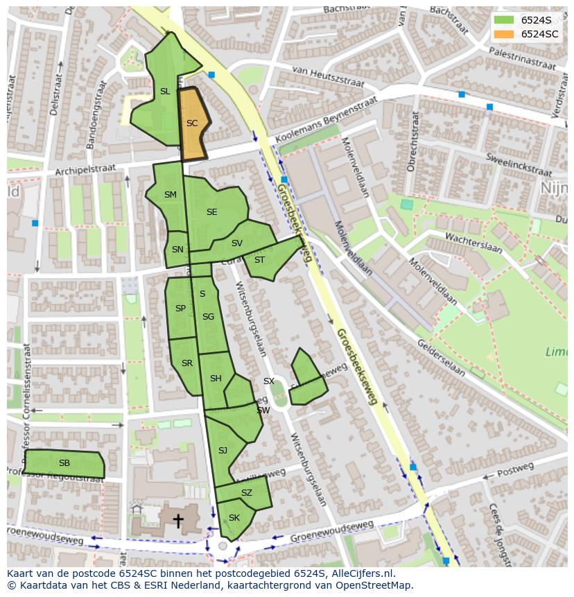 Afbeelding van het postcodegebied 6524 SC op de kaart.