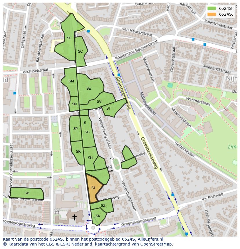 Afbeelding van het postcodegebied 6524 SJ op de kaart.