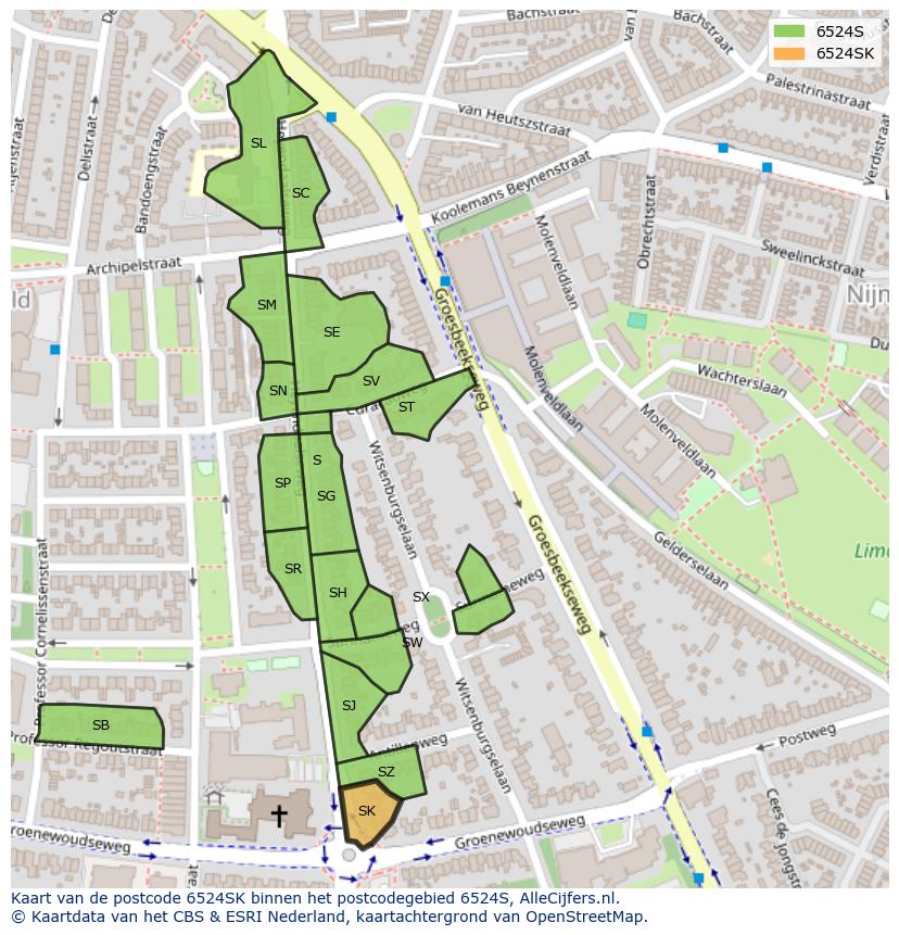 Afbeelding van het postcodegebied 6524 SK op de kaart.