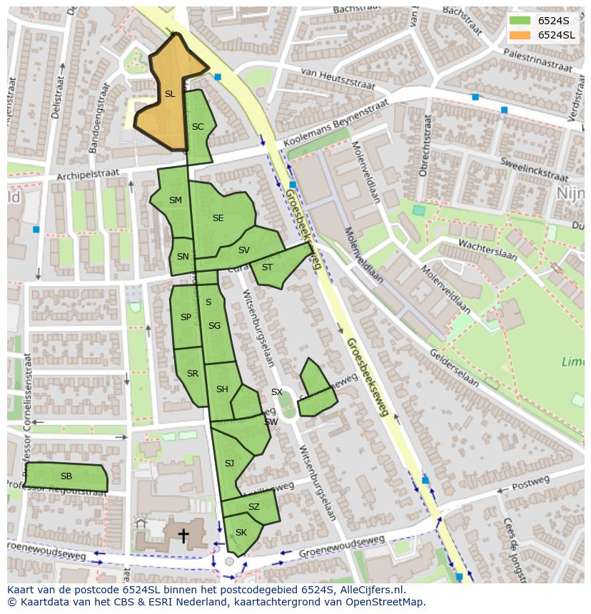 Afbeelding van het postcodegebied 6524 SL op de kaart.