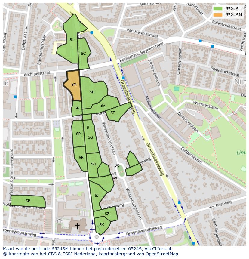 Afbeelding van het postcodegebied 6524 SM op de kaart.