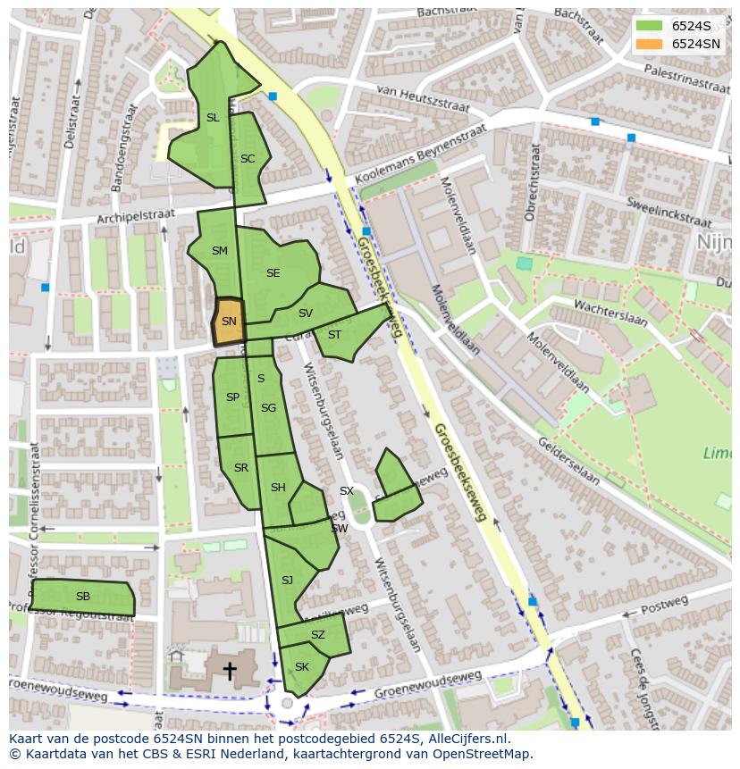 Afbeelding van het postcodegebied 6524 SN op de kaart.