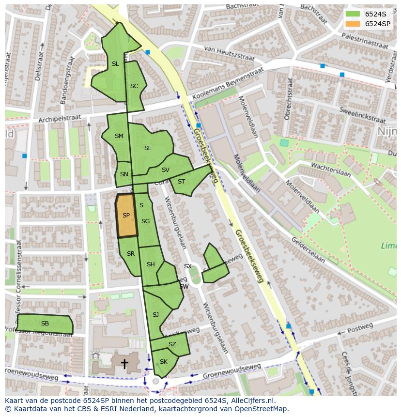 Afbeelding van het postcodegebied 6524 SP op de kaart.