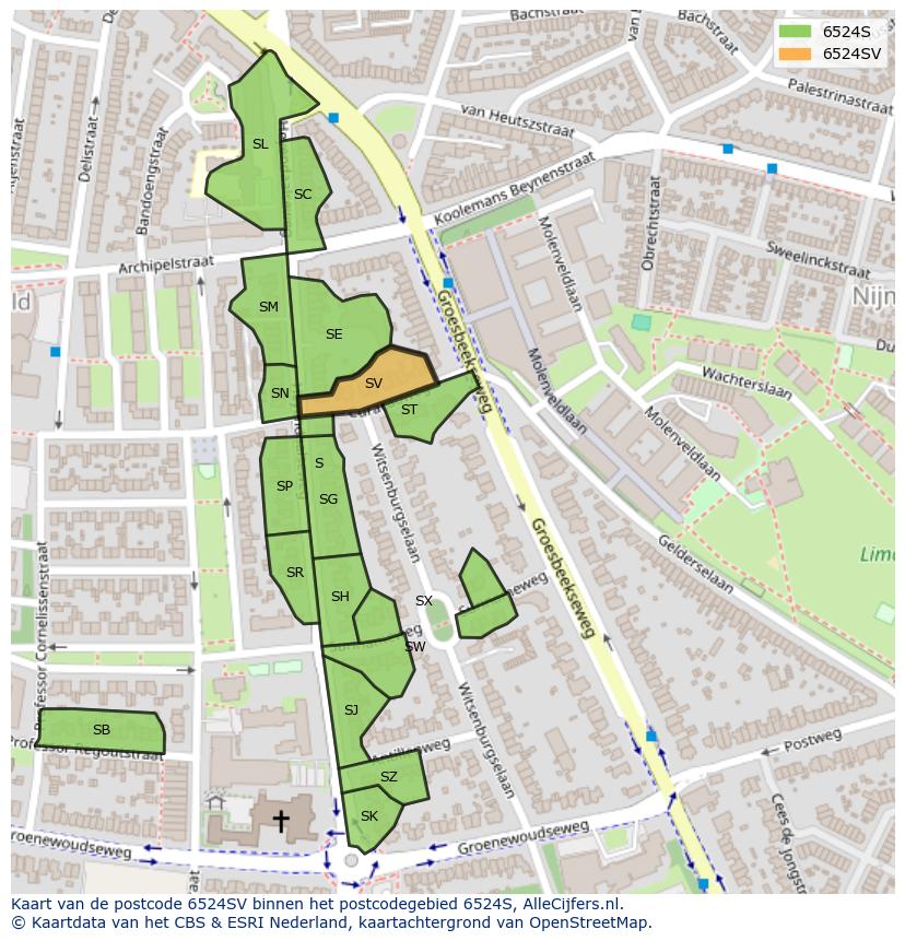 Afbeelding van het postcodegebied 6524 SV op de kaart.