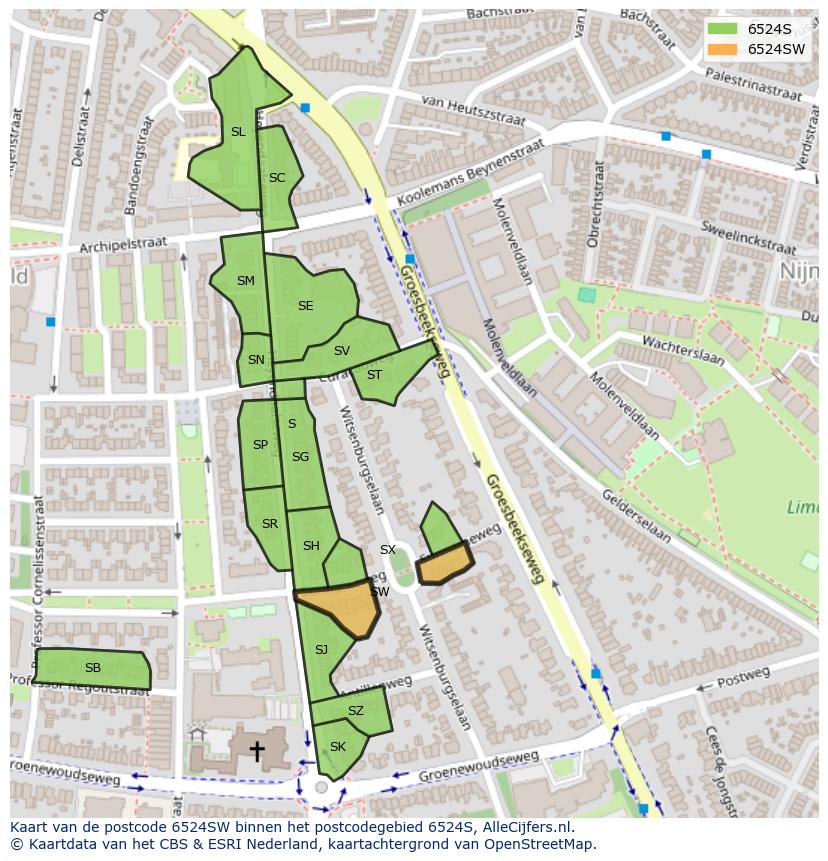 Afbeelding van het postcodegebied 6524 SW op de kaart.