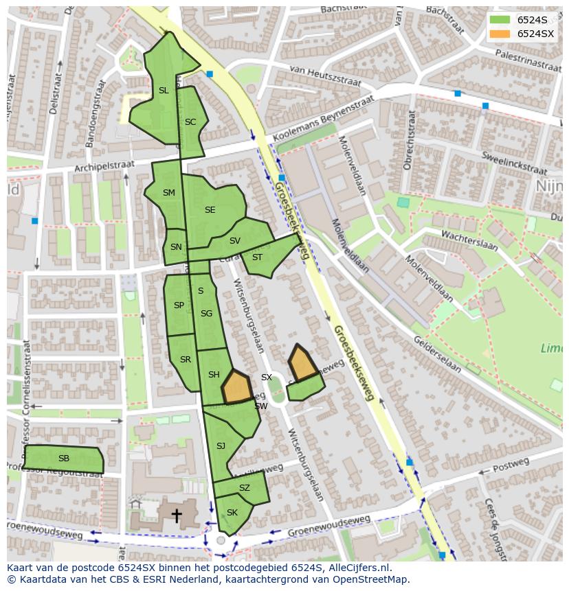Afbeelding van het postcodegebied 6524 SX op de kaart.