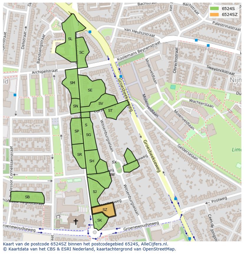 Afbeelding van het postcodegebied 6524 SZ op de kaart.