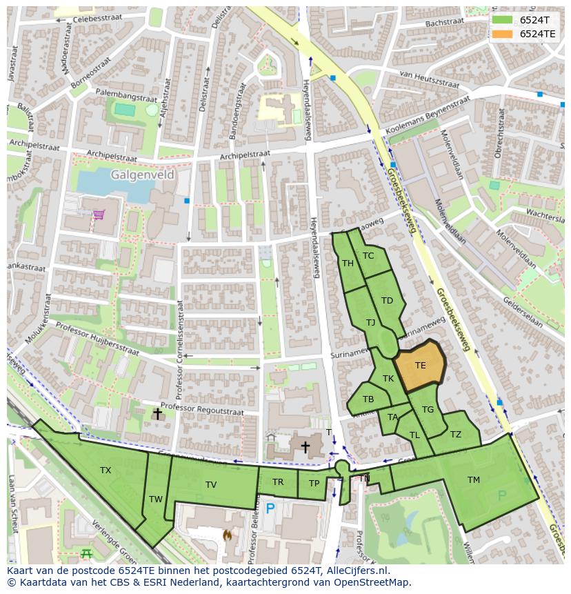 Afbeelding van het postcodegebied 6524 TE op de kaart.
