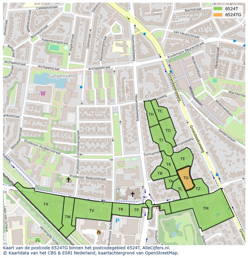 Afbeelding van het postcodegebied 6524 TG op de kaart.