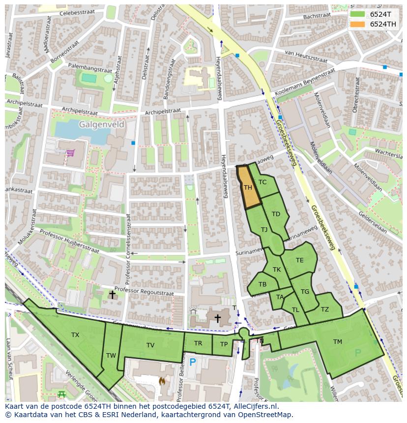 Afbeelding van het postcodegebied 6524 TH op de kaart.