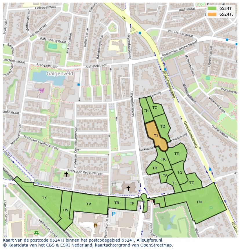 Afbeelding van het postcodegebied 6524 TJ op de kaart.