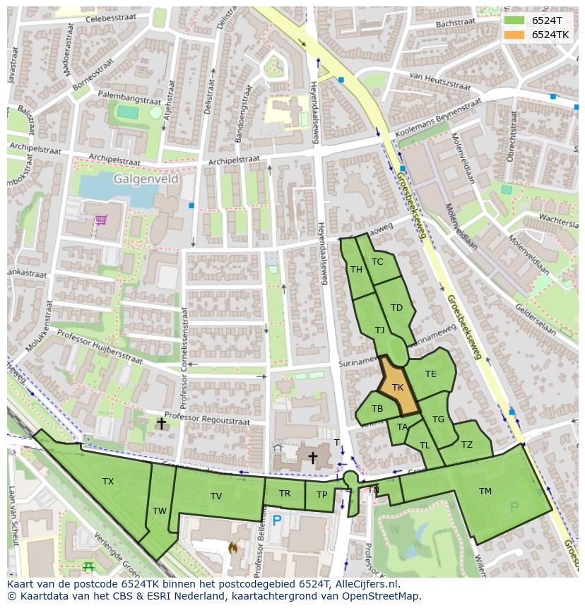 Afbeelding van het postcodegebied 6524 TK op de kaart.