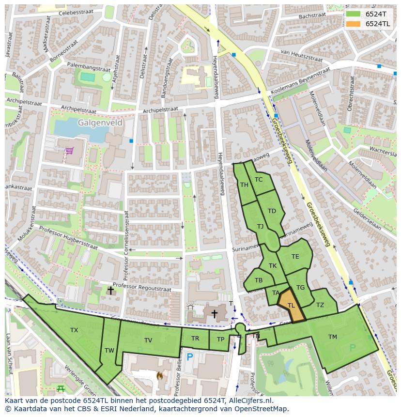 Afbeelding van het postcodegebied 6524 TL op de kaart.