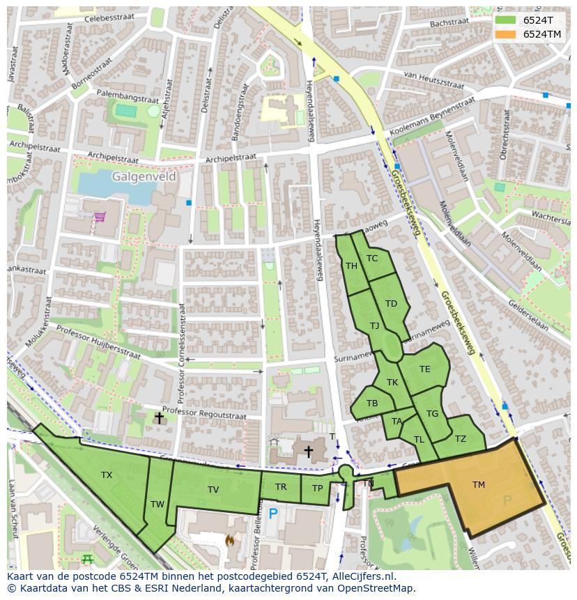 Afbeelding van het postcodegebied 6524 TM op de kaart.
