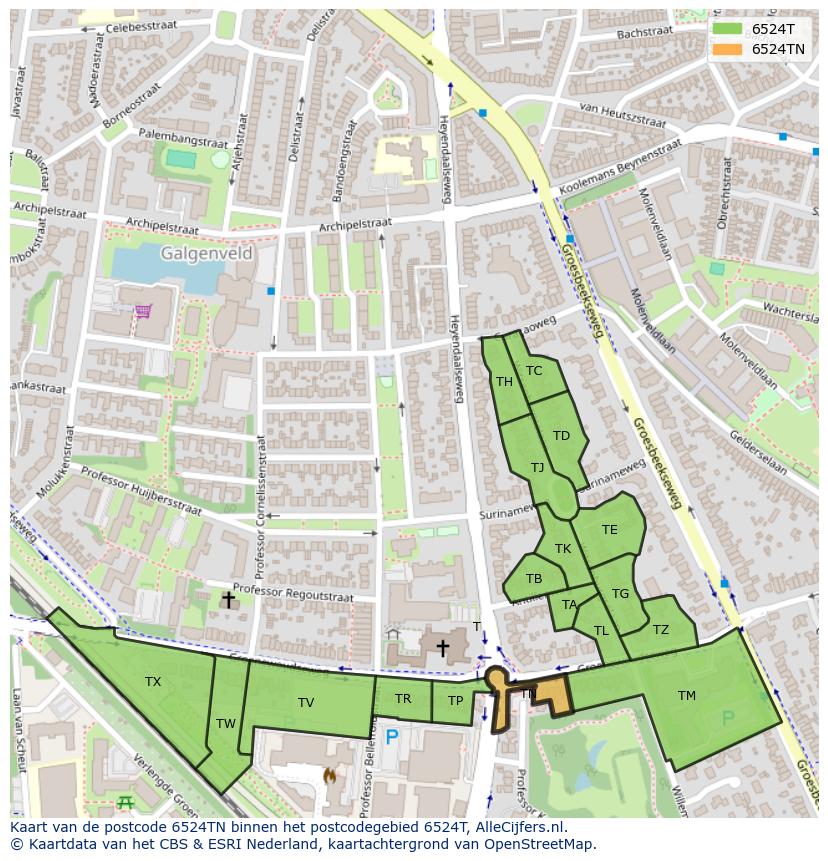 Afbeelding van het postcodegebied 6524 TN op de kaart.