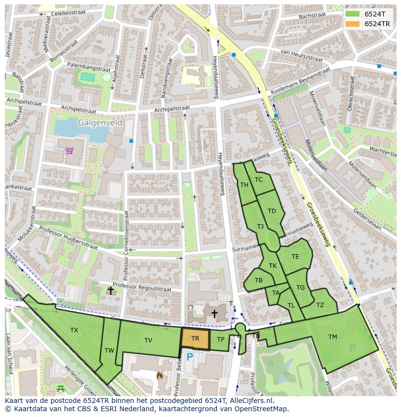 Afbeelding van het postcodegebied 6524 TR op de kaart.