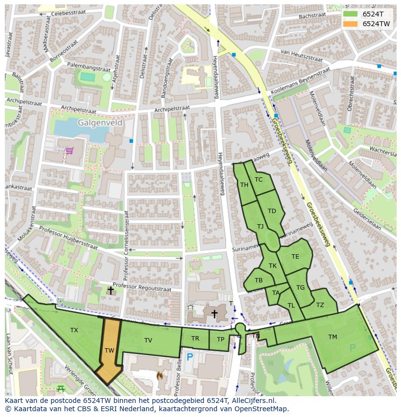 Afbeelding van het postcodegebied 6524 TW op de kaart.