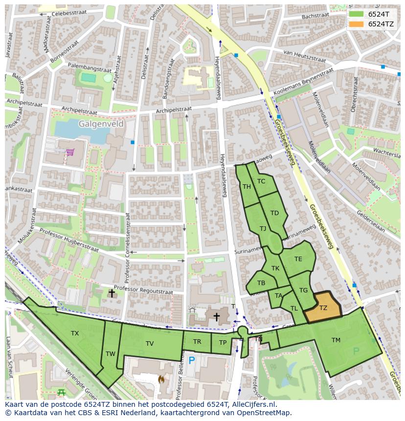 Afbeelding van het postcodegebied 6524 TZ op de kaart.