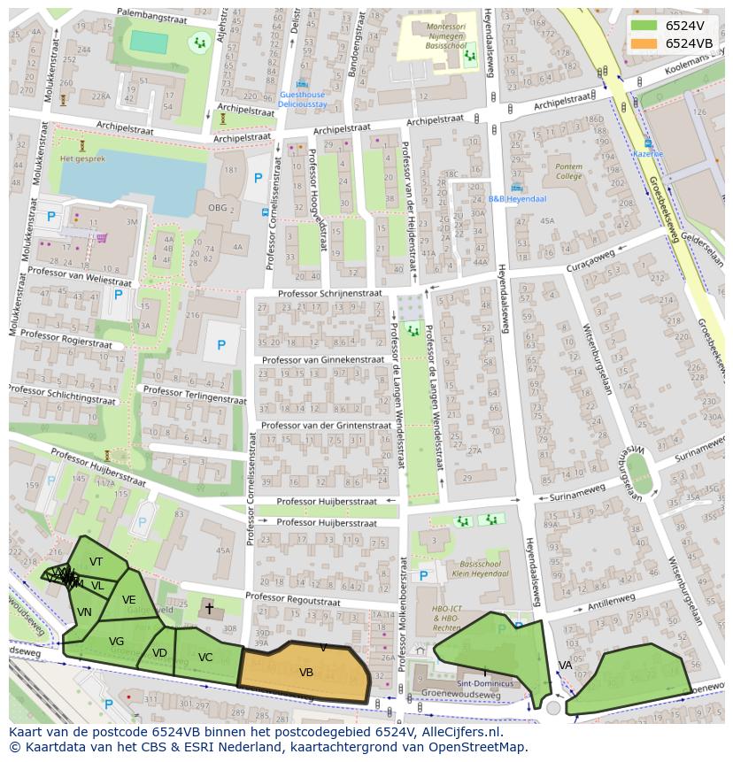 Afbeelding van het postcodegebied 6524 VB op de kaart.