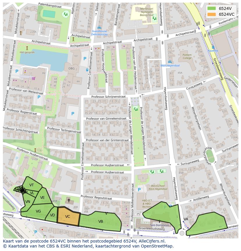 Afbeelding van het postcodegebied 6524 VC op de kaart.