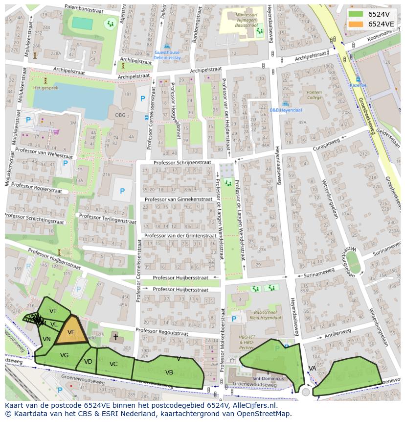 Afbeelding van het postcodegebied 6524 VE op de kaart.