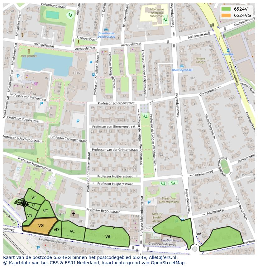 Afbeelding van het postcodegebied 6524 VG op de kaart.