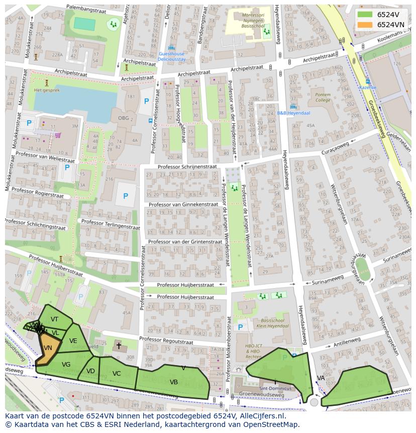 Afbeelding van het postcodegebied 6524 VN op de kaart.
