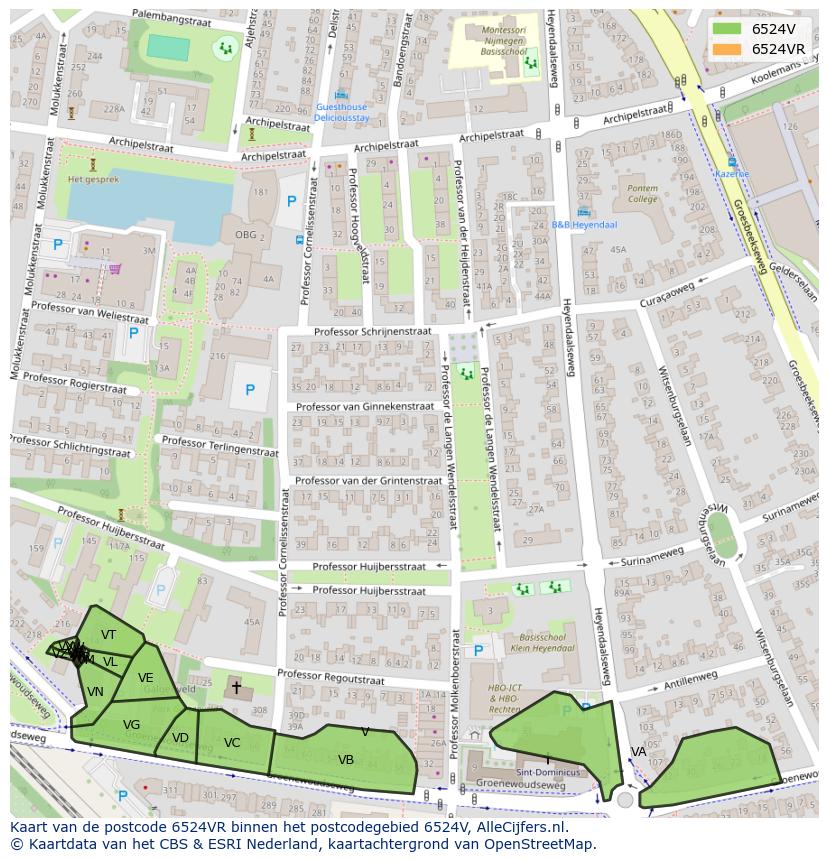 Afbeelding van het postcodegebied 6524 VR op de kaart.