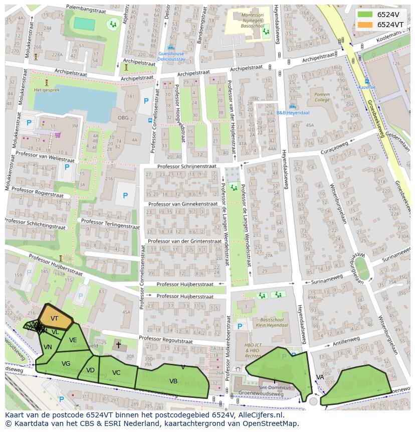 Afbeelding van het postcodegebied 6524 VT op de kaart.