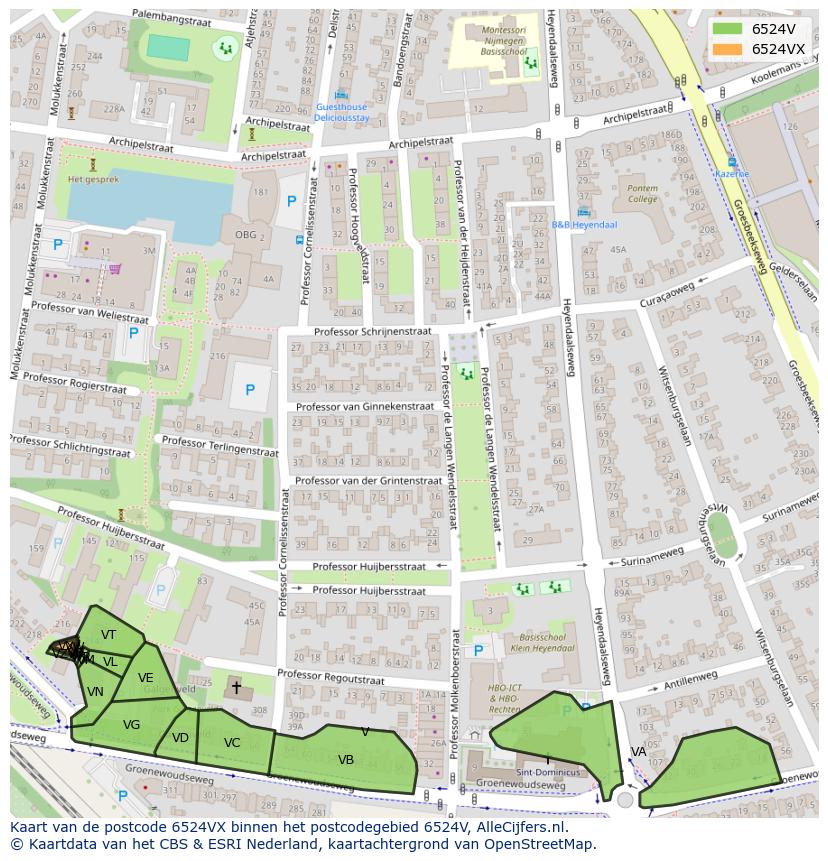 Afbeelding van het postcodegebied 6524 VX op de kaart.