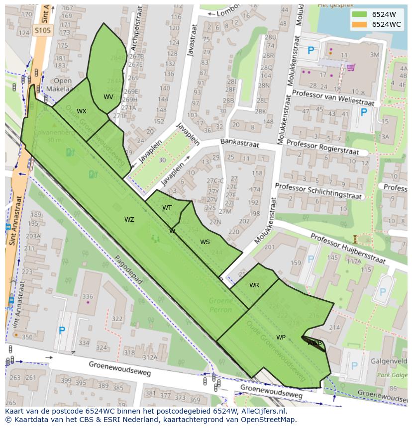 Afbeelding van het postcodegebied 6524 WC op de kaart.